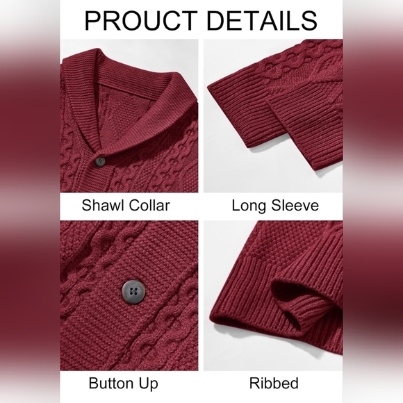 Men's Maroon Cable Knit Cardigan XL - Picture 4 of 8